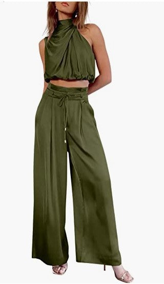Conjunto 2 Peças Mulher – Top Cropped sem Mangas + Calças Largas | Verão Elegante
