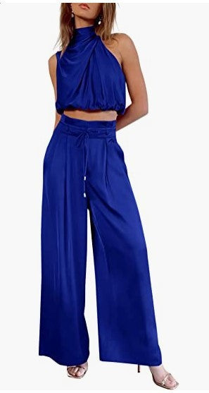 Conjunto 2 Peças Mulher – Top Cropped sem Mangas + Calças Largas | Verão Elegante