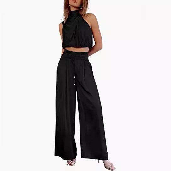 Conjunto 2 Peças Mulher – Top Cropped sem Mangas + Calças Largas | Verão Elegante