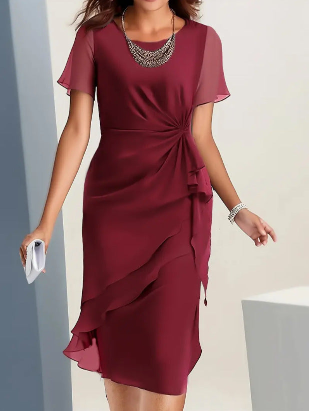 Vestido em Chiffon com Gola Redonda e Manga Curta – Elegante e Versátil | Primavera e Verão