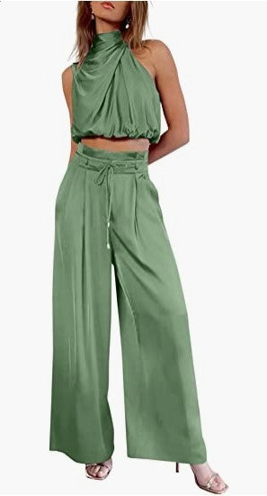 Conjunto 2 Peças Mulher – Top Cropped sem Mangas + Calças Largas | Verão Elegante