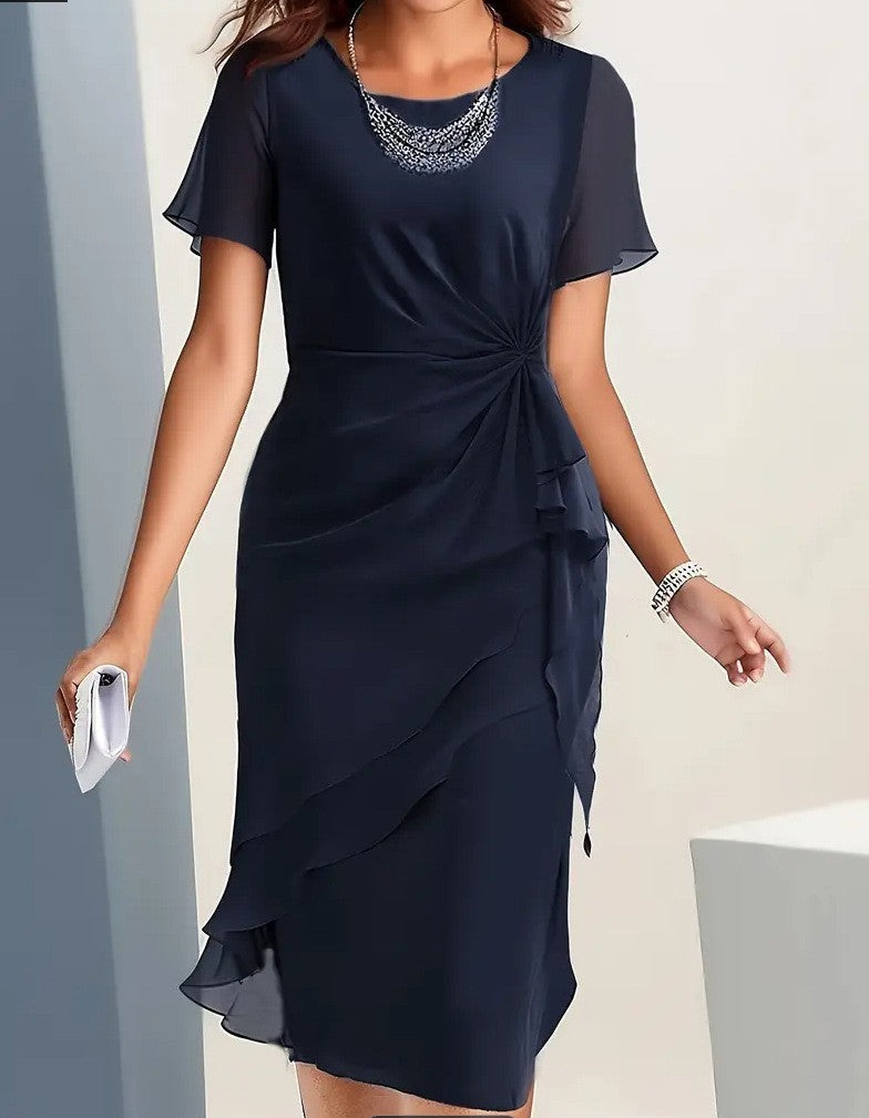 Vestido em Chiffon com Gola Redonda e Manga Curta – Elegante e Versátil | Primavera e Verão