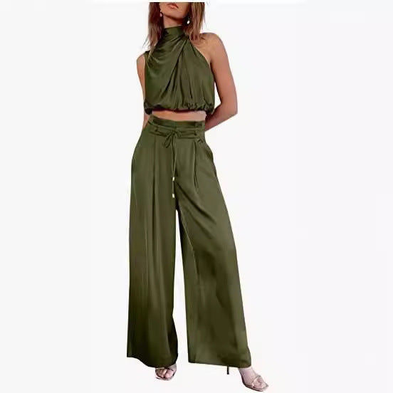 Conjunto 2 Peças Mulher – Top Cropped sem Mangas + Calças Largas | Verão Elegante