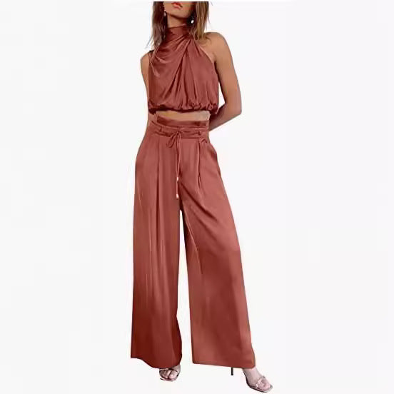 Conjunto 2 Peças Mulher – Top Cropped sem Mangas + Calças Largas | Verão Elegante