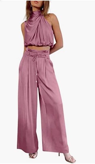 Conjunto 2 Peças Mulher – Top Cropped sem Mangas + Calças Largas | Verão Elegante
