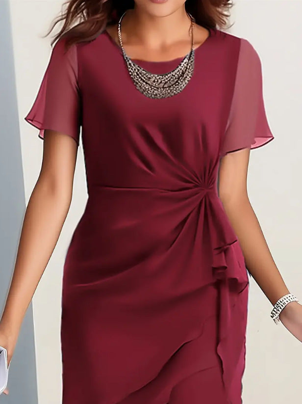 Vestido em Chiffon com Gola Redonda e Manga Curta – Elegante e Versátil | Primavera e Verão