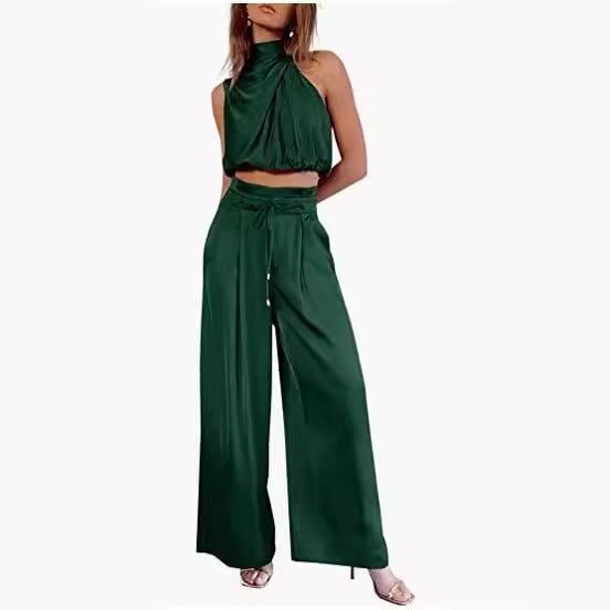 Conjunto 2 Peças Mulher – Top Cropped sem Mangas + Calças Largas | Verão Elegante