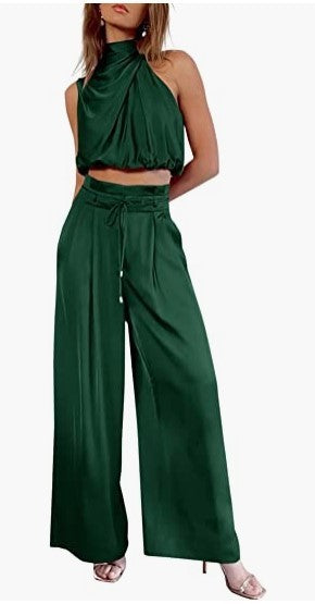 Conjunto 2 Peças Mulher – Top Cropped sem Mangas + Calças Largas | Verão Elegante
