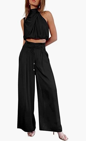 Conjunto 2 Peças Mulher – Top Cropped sem Mangas + Calças Largas | Verão Elegante