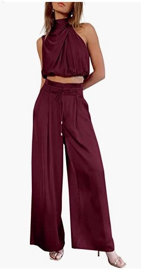 Conjunto 2 Peças Mulher – Top Cropped sem Mangas + Calças Largas | Verão Elegante
