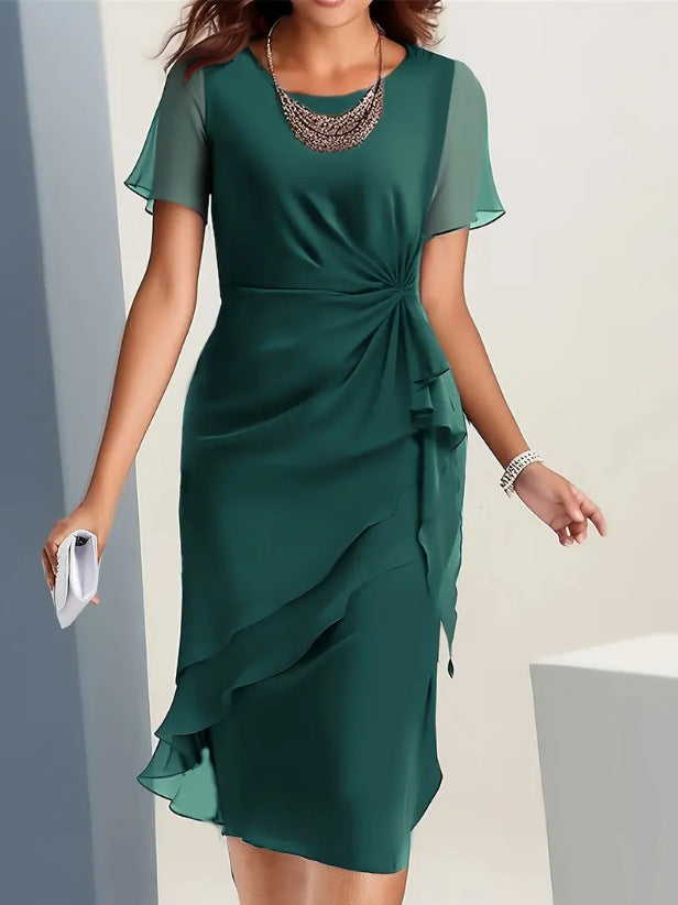 Vestido em Chiffon com Gola Redonda e Manga Curta – Elegante e Versátil | Primavera e Verão