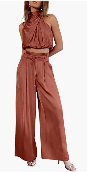 Conjunto 2 Peças Mulher – Top Cropped sem Mangas + Calças Largas | Verão Elegante