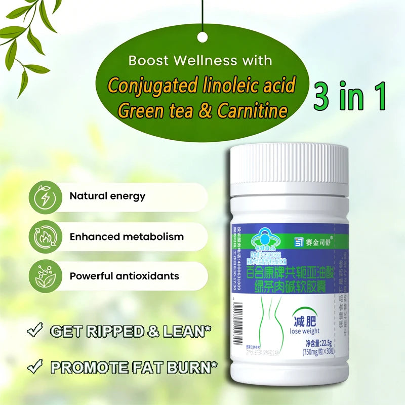 Cápsulas de Ácido Linoleico Conjugado com Chá Verde e L-Carnitina – Gestão de Peso Natural, 30 Cápsulas