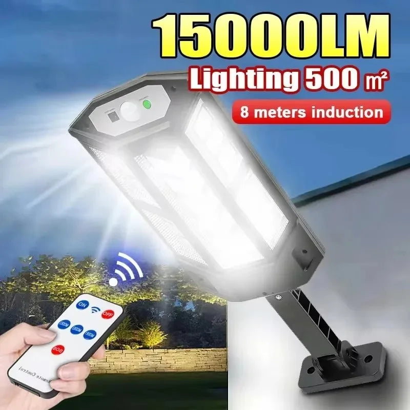 Luz Solar para Exterior 15000LM – Sensor de Movimento, IP65 À Prova de Água, Iluminação 240° para Jardim e Parede