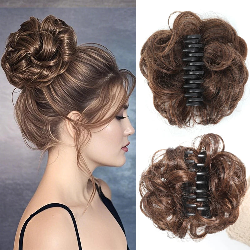 Coque Sintético Messy Bun com Gancho – Cabelo Ondulado e Encaracolado para Mulher | 15cm