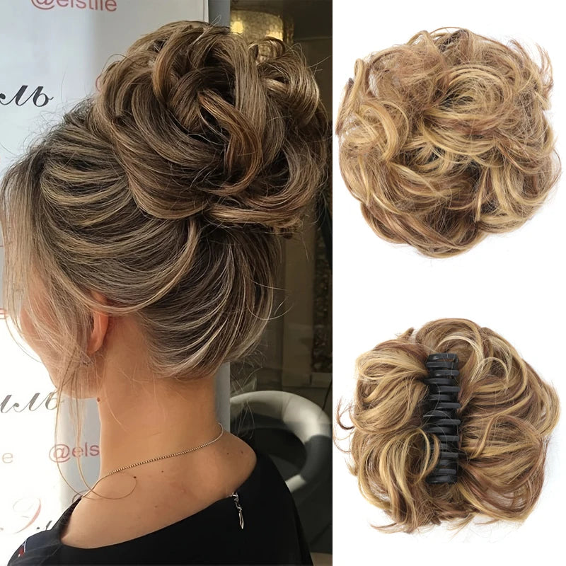 Coque Sintético Messy Bun com Gancho – Cabelo Ondulado e Encaracolado para Mulher | 15cm