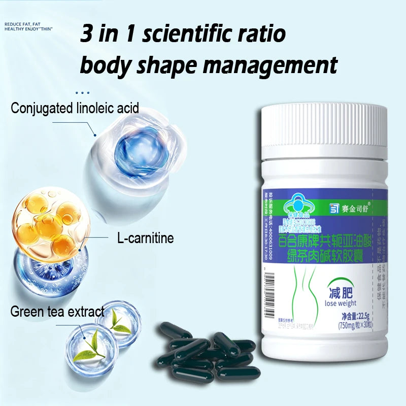 Cápsulas de Ácido Linoleico Conjugado com Chá Verde e L-Carnitina – Gestão de Peso Natural, 30 Cápsulas