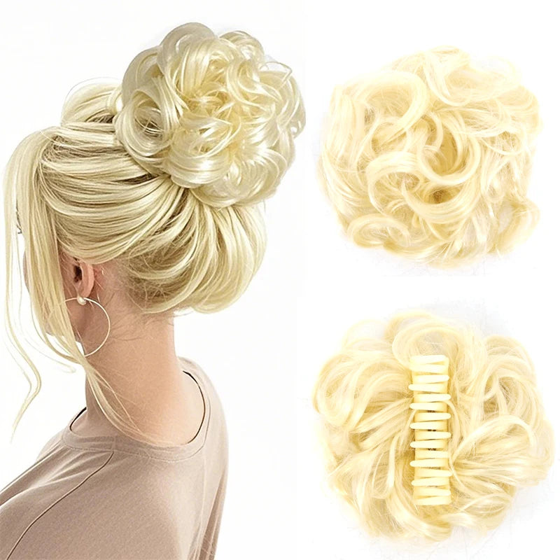 Coque Sintético Messy Bun com Gancho – Cabelo Ondulado e Encaracolado para Mulher | 15cm