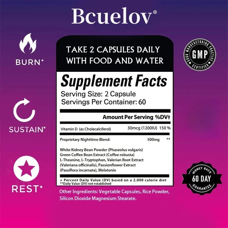 Queimador de Gordura Noturno Bcuelov – Termogénico Natural, Supressor de Apetite e Acelerador do Metabolismo com Vitamina D
